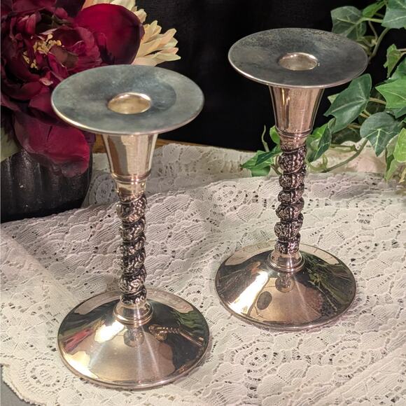 Ornate Vintage Silver Plate Candlestick Pair w/ Removable Drip Tray Valero Spain - Picture 2 of 7